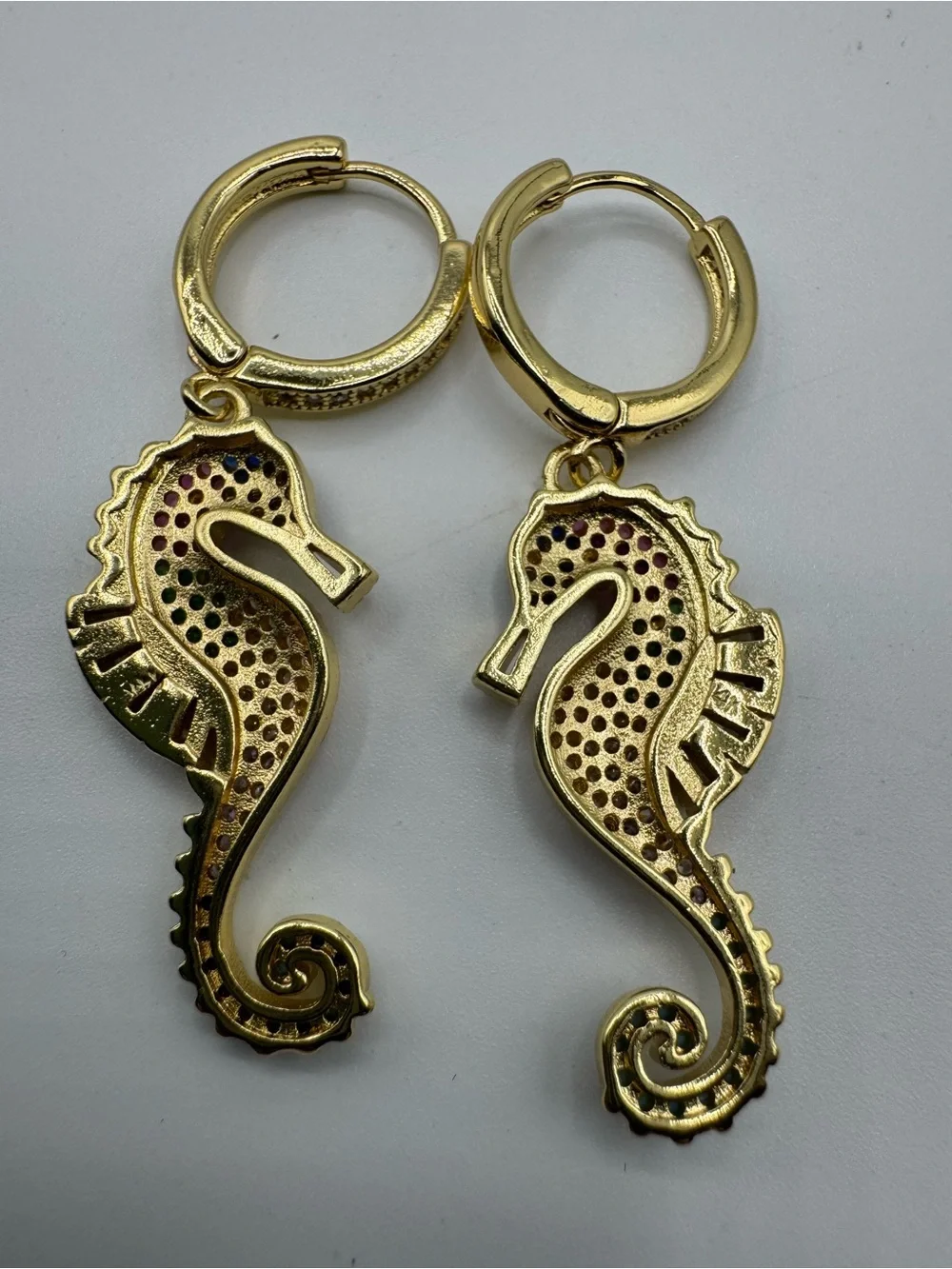 14k Multigem Seahorse Drop Hoop Earrings